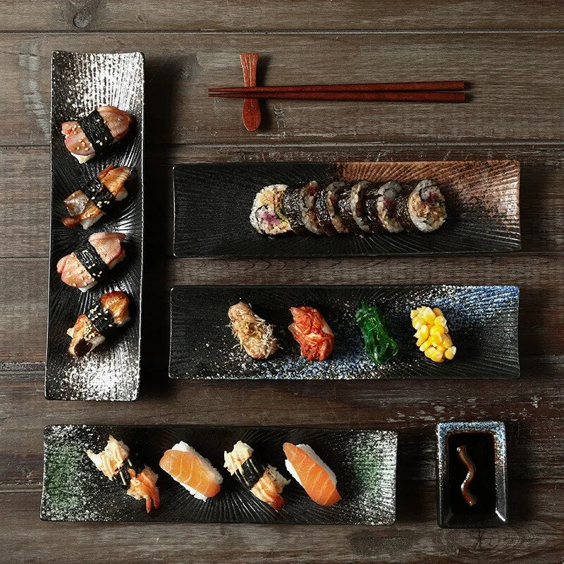 assiette japonaise a sushi rectangulaire noire