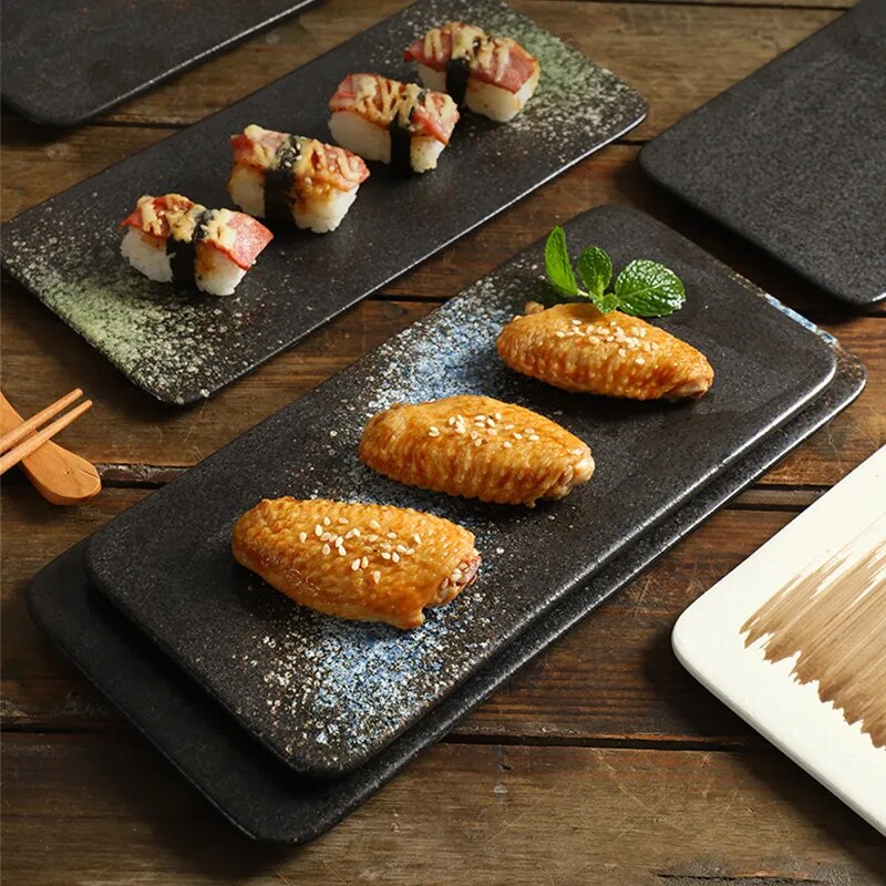 assiette japonaise plate rectangulaire noire sushi