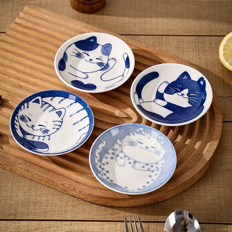 assiette japonaise a dessert ronde chat ceramique blanc bleu