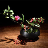 Round black ikebana moribana vase in height