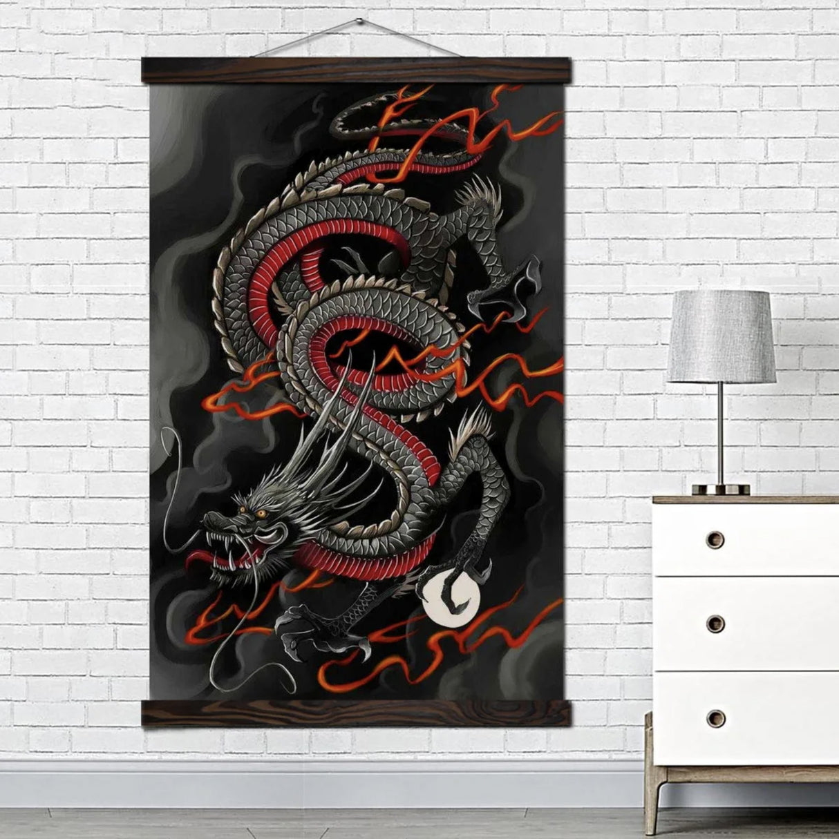 Japanese black and red dragon painting