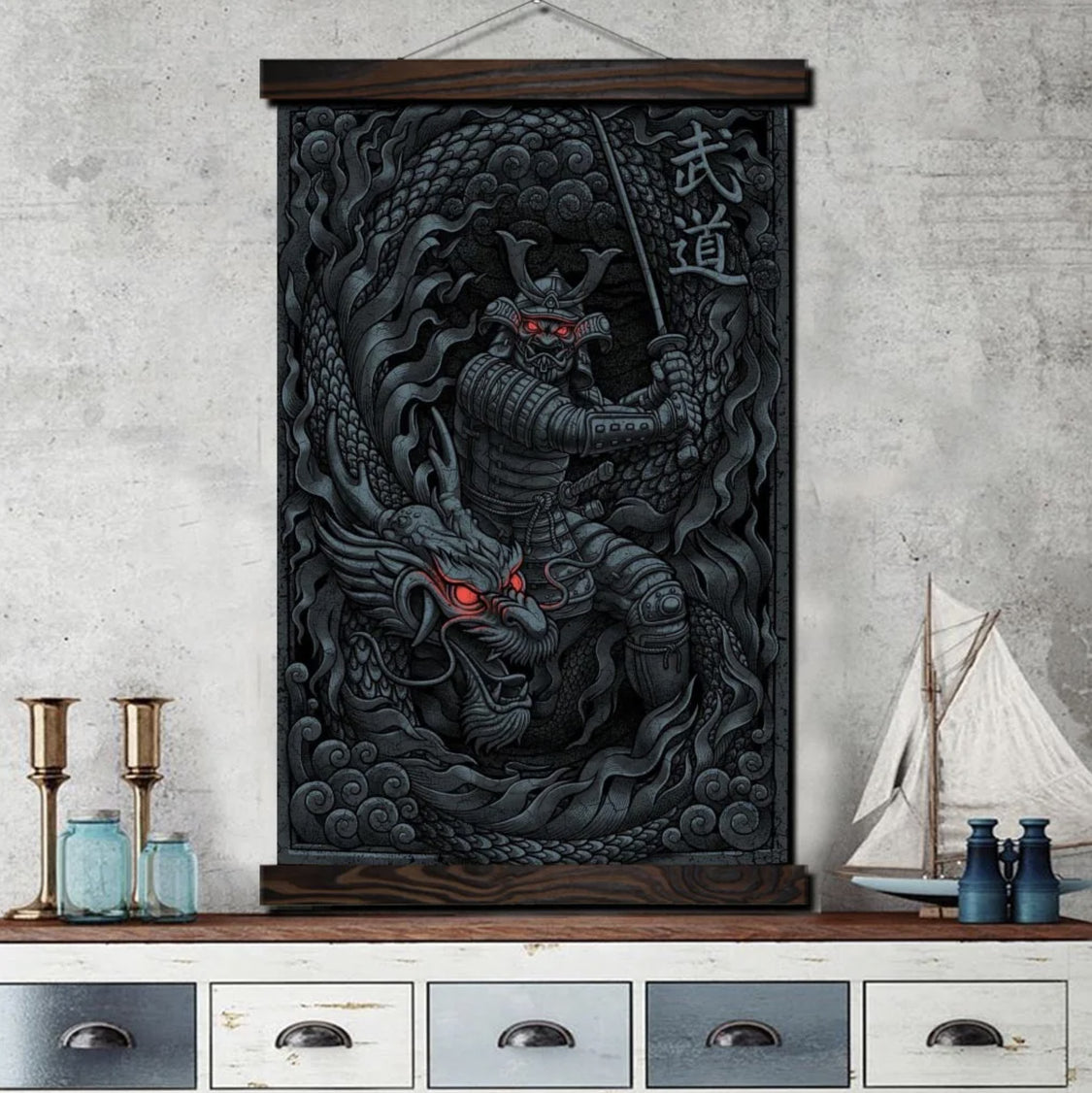 Tableau japonais dragon et samouraï