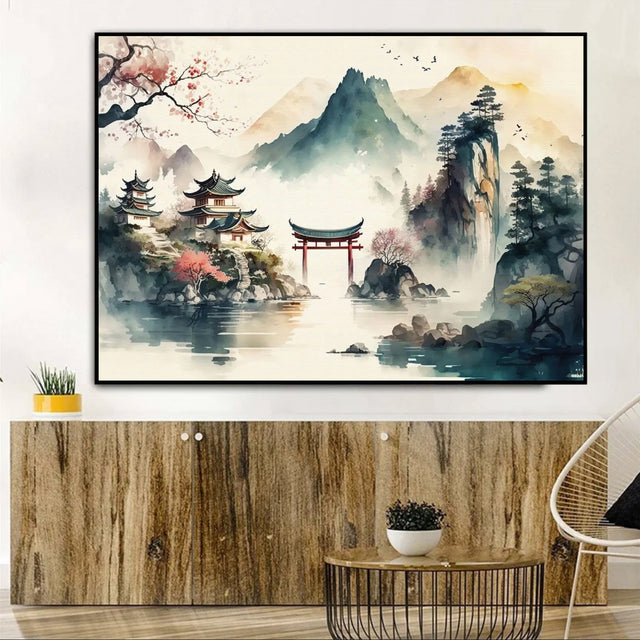 Tableau japonais paysage traditionnel avec porte Torii