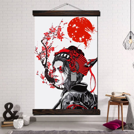 Tableau japonais geisha et cerisier