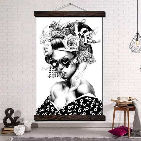 Tableau japonais geisha noir et blanc