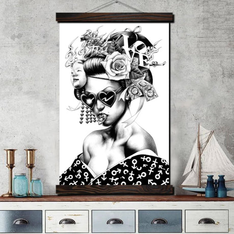 Tableau japonais geisha noir et blanc