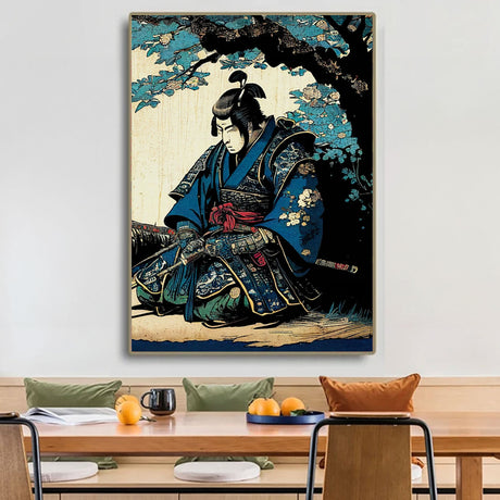 Tableau japonais ancien samouraï à genoux