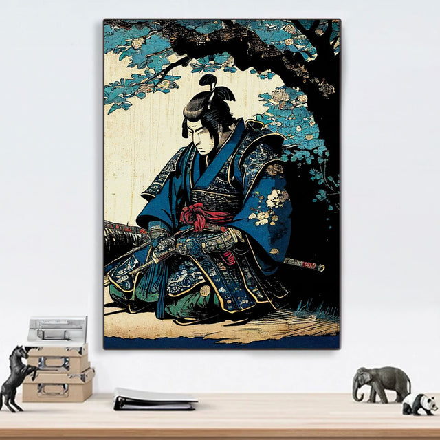 Tableau japonais ancien samouraï à genoux