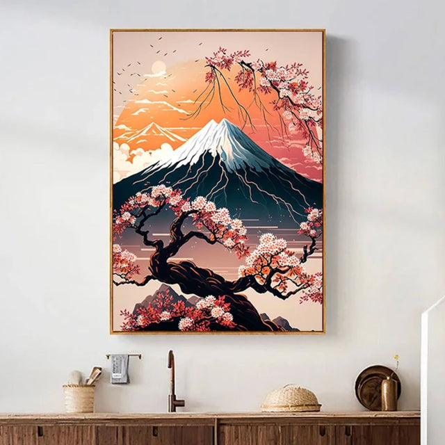 Tableau japonais mont Fuji au coucher de Soleil