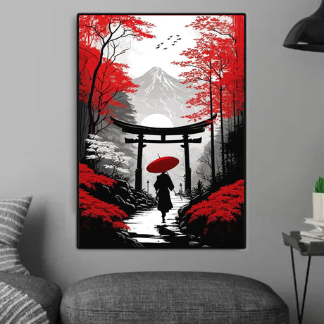 Tableau japonais blanc et rouge avec porte Torii