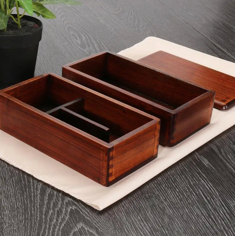 Rectangular wooden bento box with tier