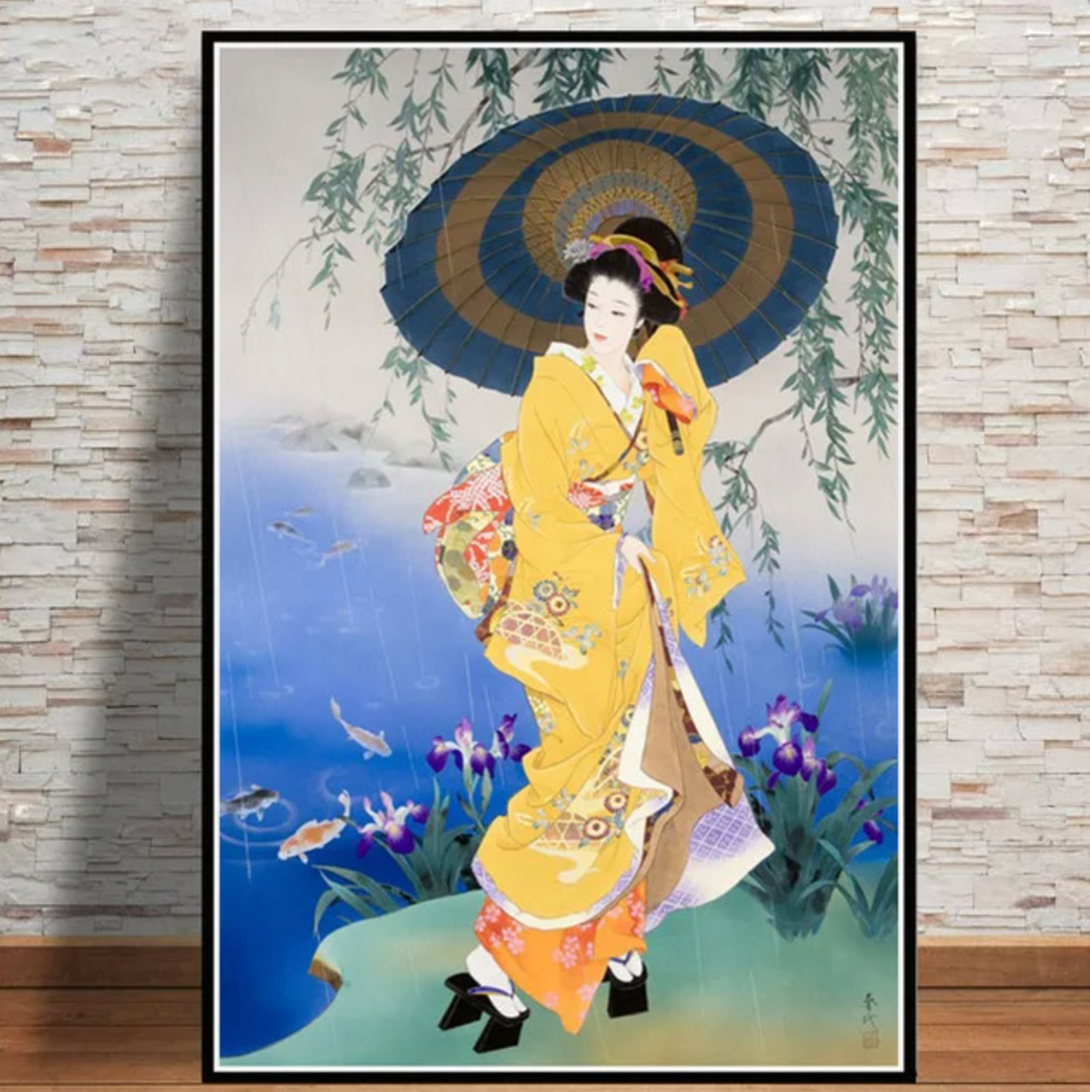 Tableau japonais geisha pluie
