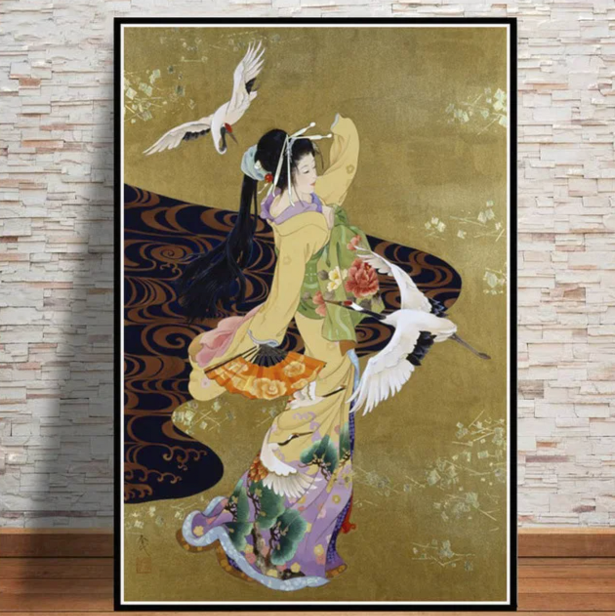 Japanese painting geisha and cranes