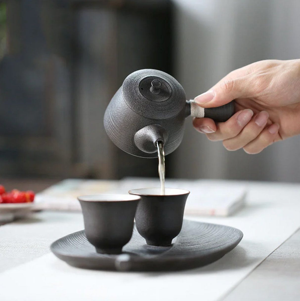 Japanese black kyusu ceramic teapot