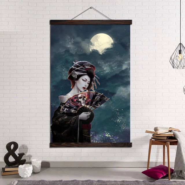 Tableau japonais geisha et lune