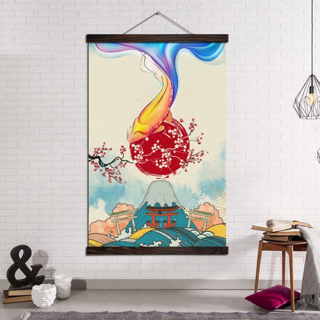 Tableau japonais paysage et poisson