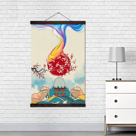 Tableau japonais paysage et poisson