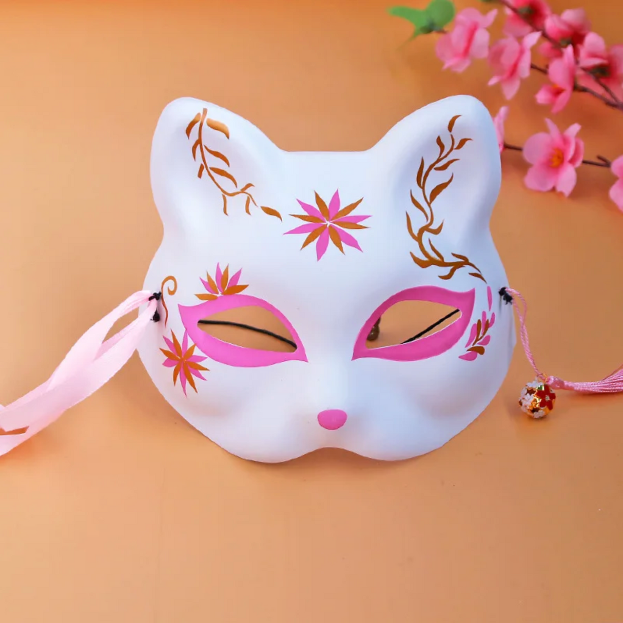 Masque japonais renard blanc et rose