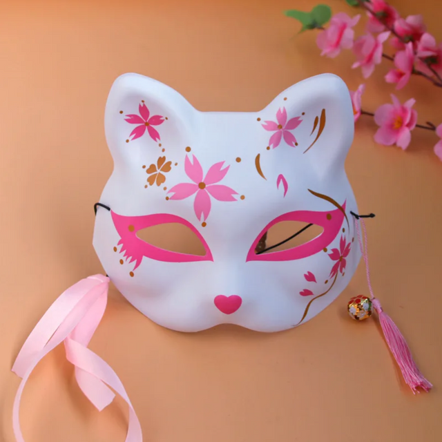 Masque japonais renard pour fille blanc et rose