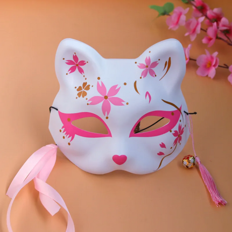 Masque japonais renard pour fille blanc et rose