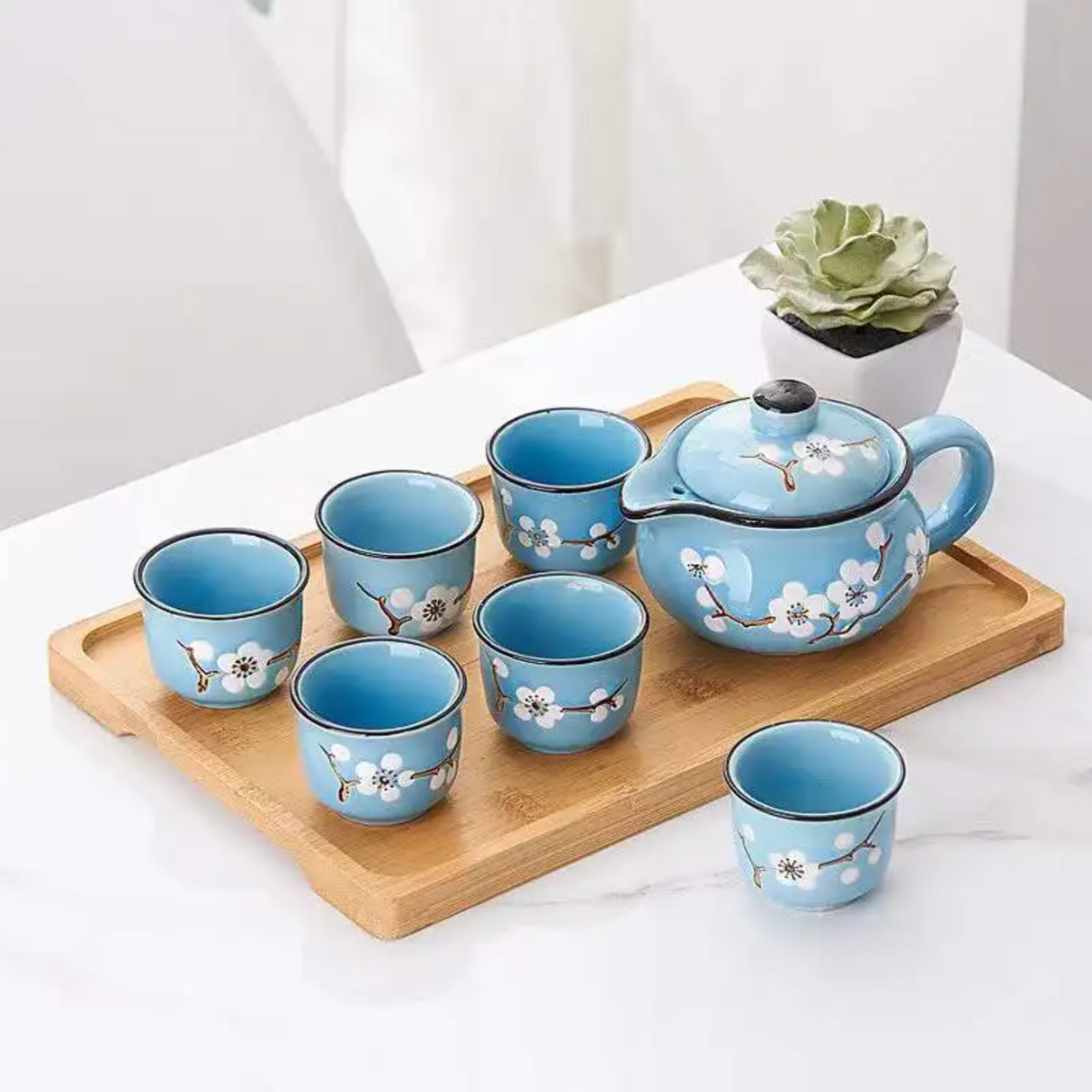 Service à thé japonais bleu fleurie