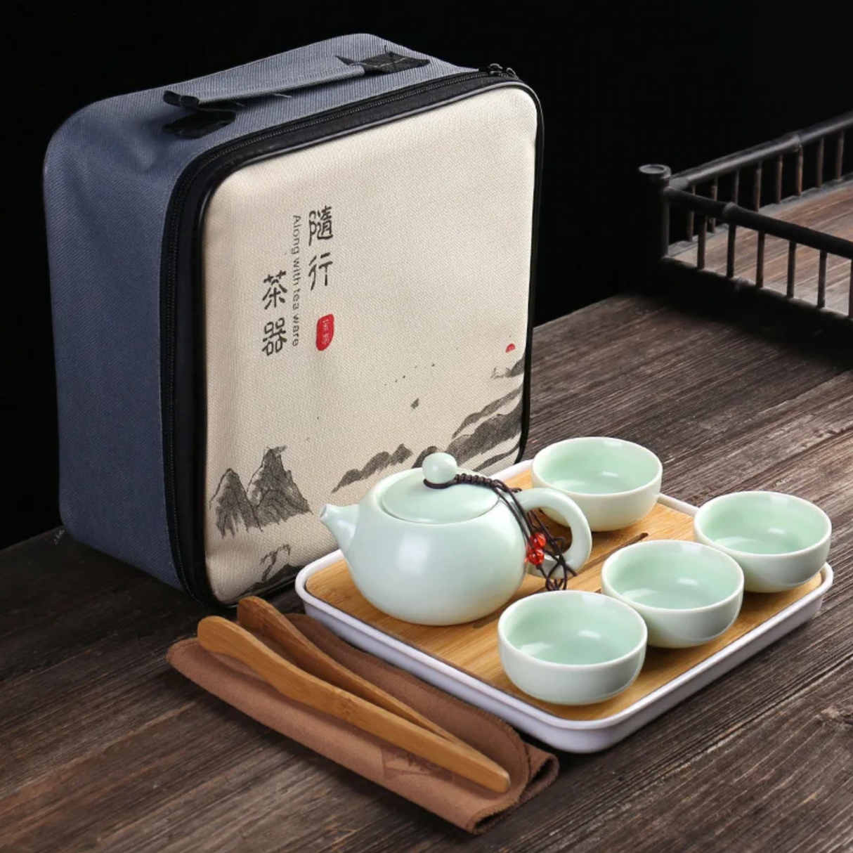 Service à thé japonais portatif vert