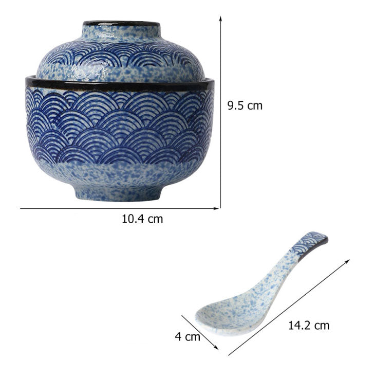 Japanese wave patterned bowl with lid and spoon