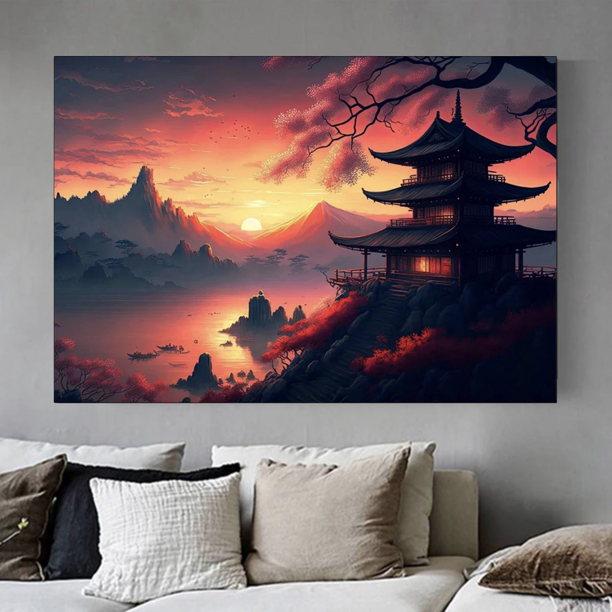 Japanese painting Mount Fuji setting sun