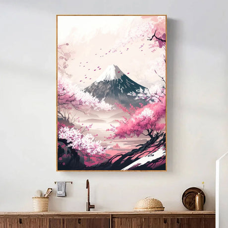 Tableau japonais mont Fuji entouré de sakura