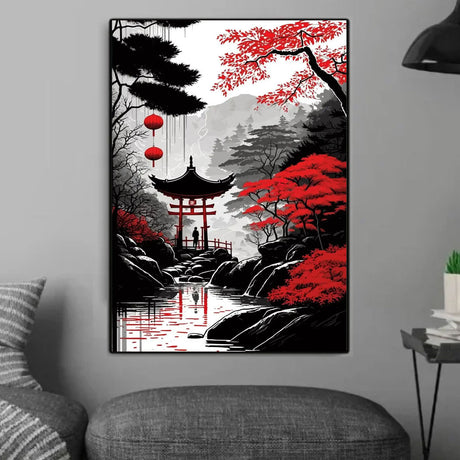 Tableau japonais blanc et rouge avec pagode