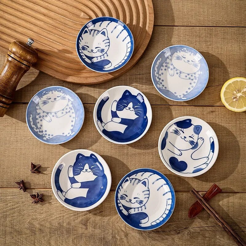 Assiette,Vaisselle japonaise en céramique blanc bleu, assiette à