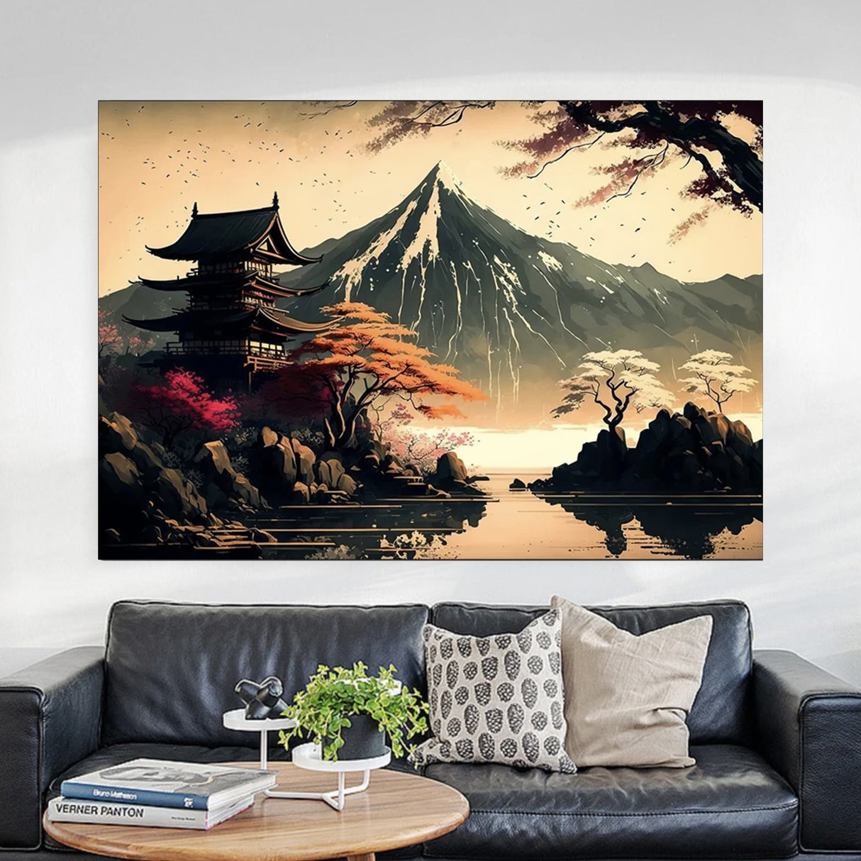 Japanese painting Mount Fuji and pagoda