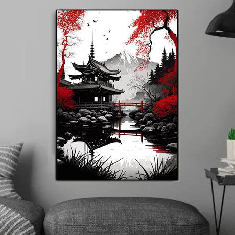 Tableau japonais pagode et ruisseau