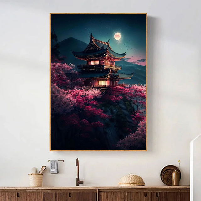 Tableau japonais pagode dans la nuit