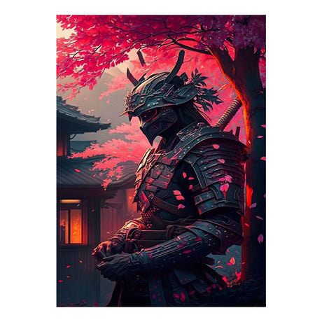 Tableau japonais samouraï noir et cerisiers rouges
