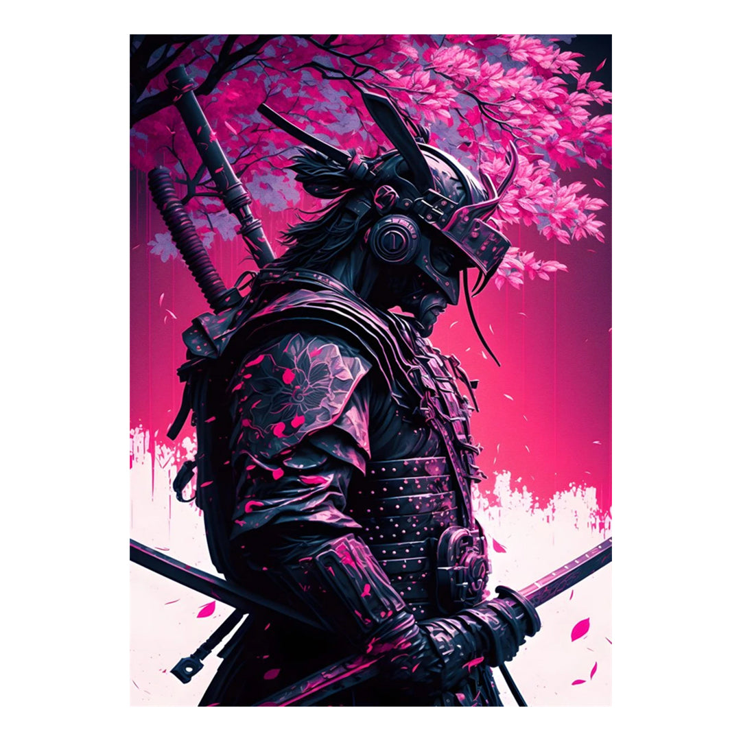 Tableau japonais samouraï noir et cerisiers roses