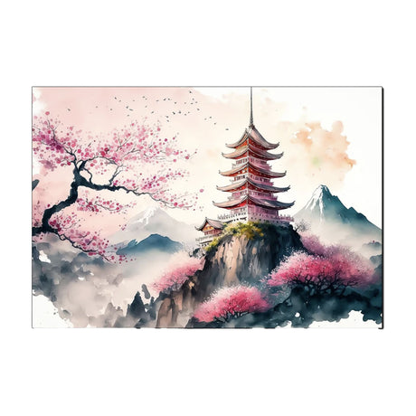 Japanese painting pagoda and cherry tree