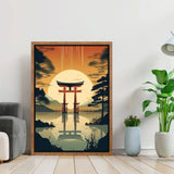 Tableau japonais vintage porte Torii coucher de Soleil