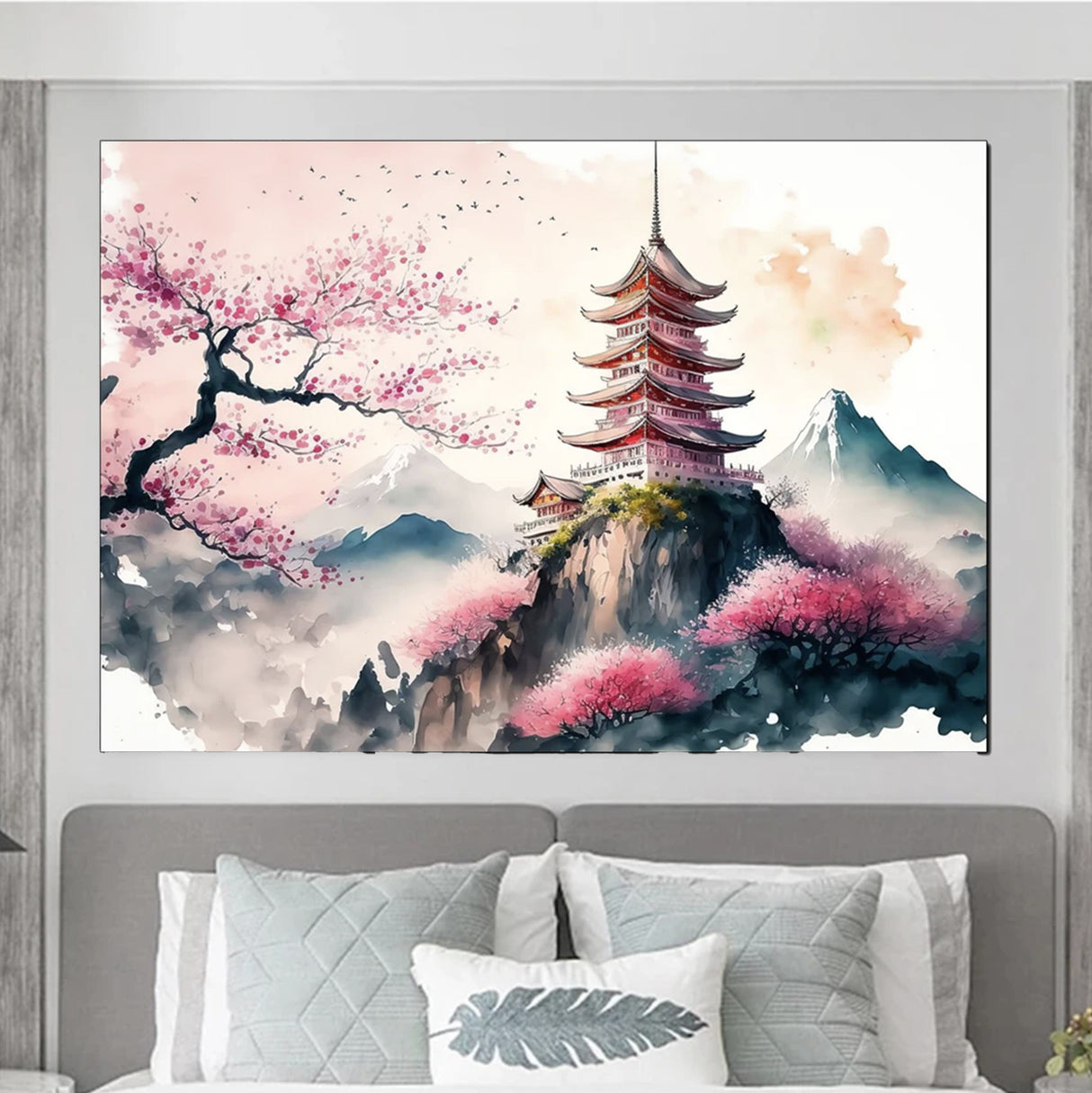 Japanese painting pagoda and cherry tree