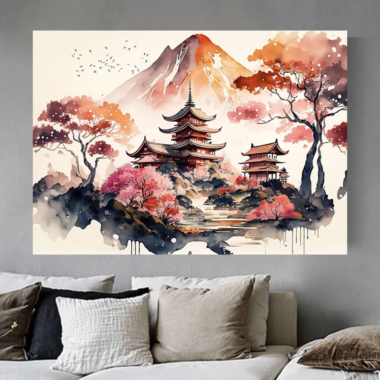 Japanese landscape painting with Mount Fuji
