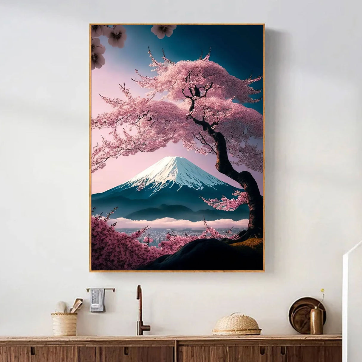 Tableau japonais mont Fuji avec cerisier en fleur