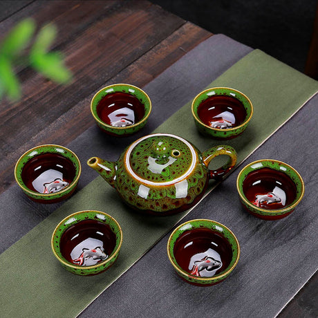 Service à thé japonais en fonte noire, motif traditionnel pins