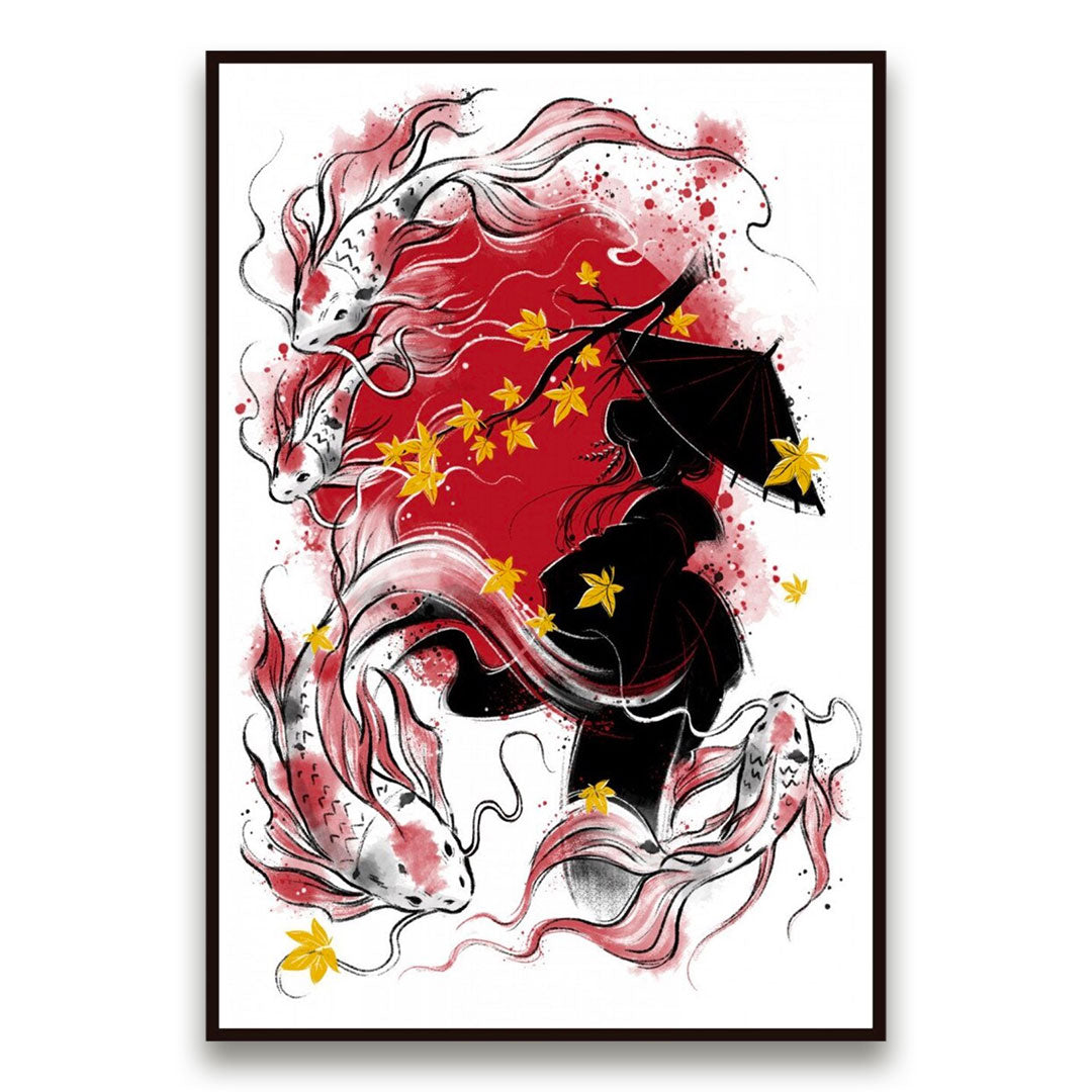 tableau-japonais-geisha-et-carpe-koi