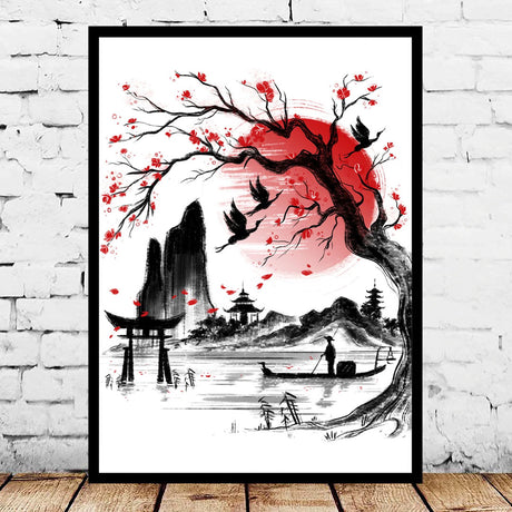 tableau-japonais-paysage-traditionnel-noir-et-rouge