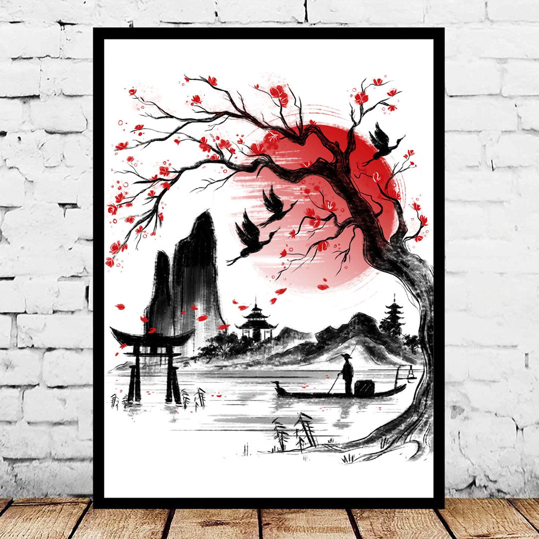 estampe japonaise montagnes noir et rouge